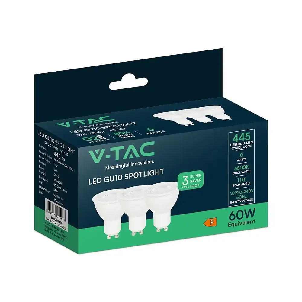 Box 3 Faretti LED GU10 6W 6500K V-TAC