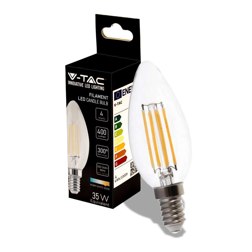 Anteprima Lampadina LED E14 4W Candela C35 Filamento 3000K Vetro Trasparente V-TAC