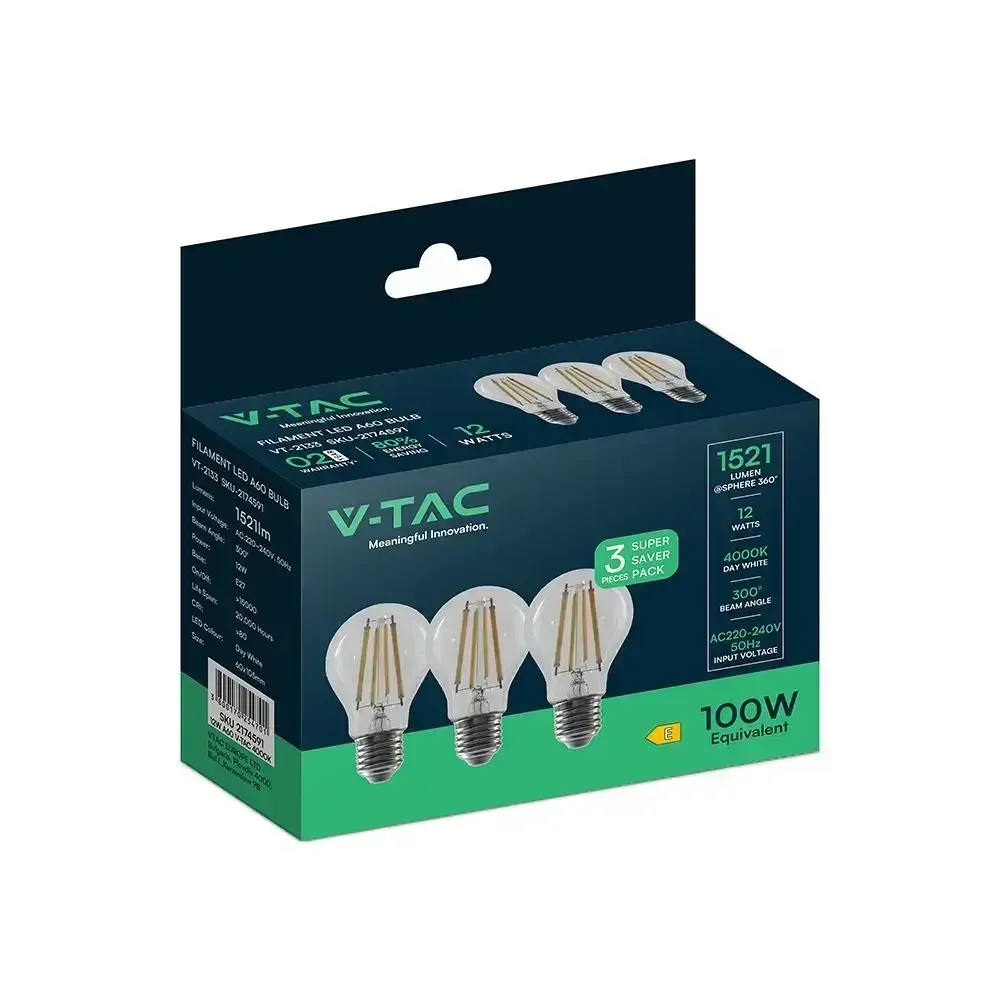 Anteprima Lampadine LED E27 12W A60 6500K a filamento, luce bianco fredda – Box 3 pezzi V-TAC