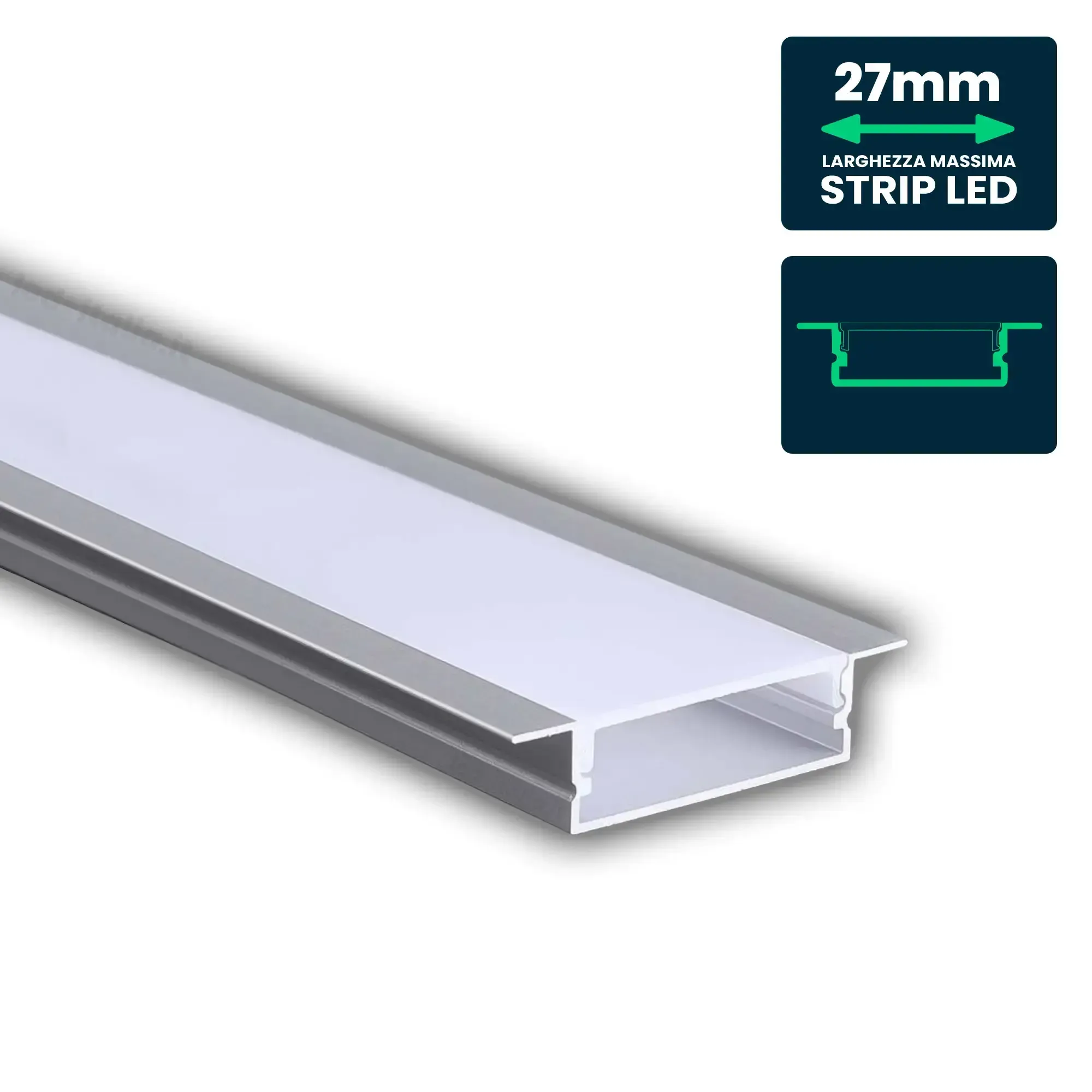Anteprima Profilo da Incasso Largo per Strip LED 27mm in Alluminio Argento 41x10mm 2m V-TAC