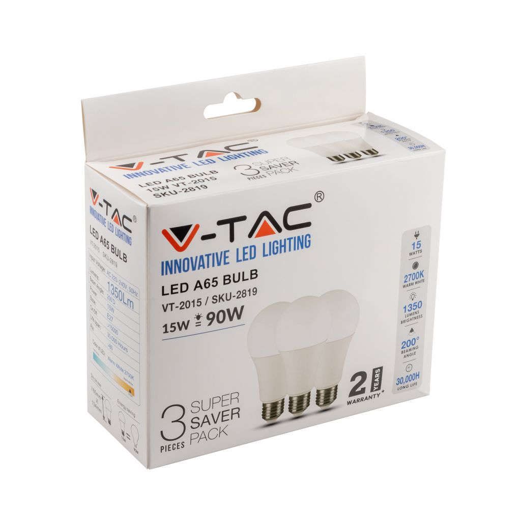 Anteprima Box 3 Lampadine LED E27 15W 2700K V-TAC