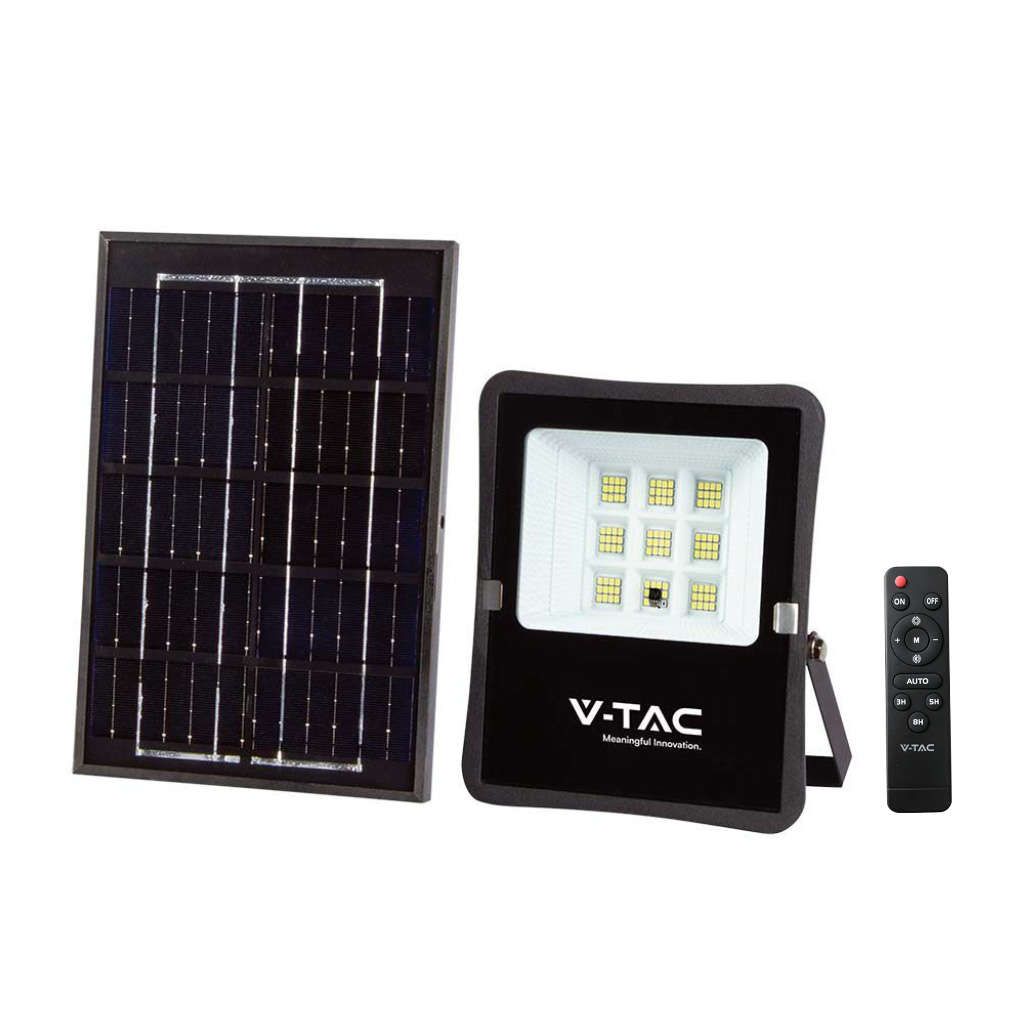 Anteprima Faro LED Solare 6W Nero 6400K 400lm IP65 con Telecomando e Fascio 100° V-TAC