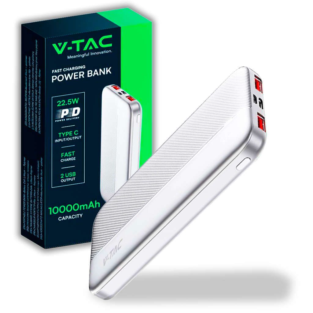 Anteprima Power Bank 10000mAh Bianco 22,5W PD e Quick Charge con Garanzia5Anni V-TAC VT-10000