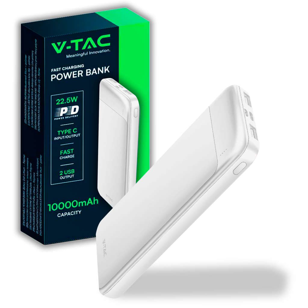 Anteprima Power Bank 10000mAh Bianco 22,5W PD e Quick Charge con 2 USB-A e USB-C V-TAC VT-10005