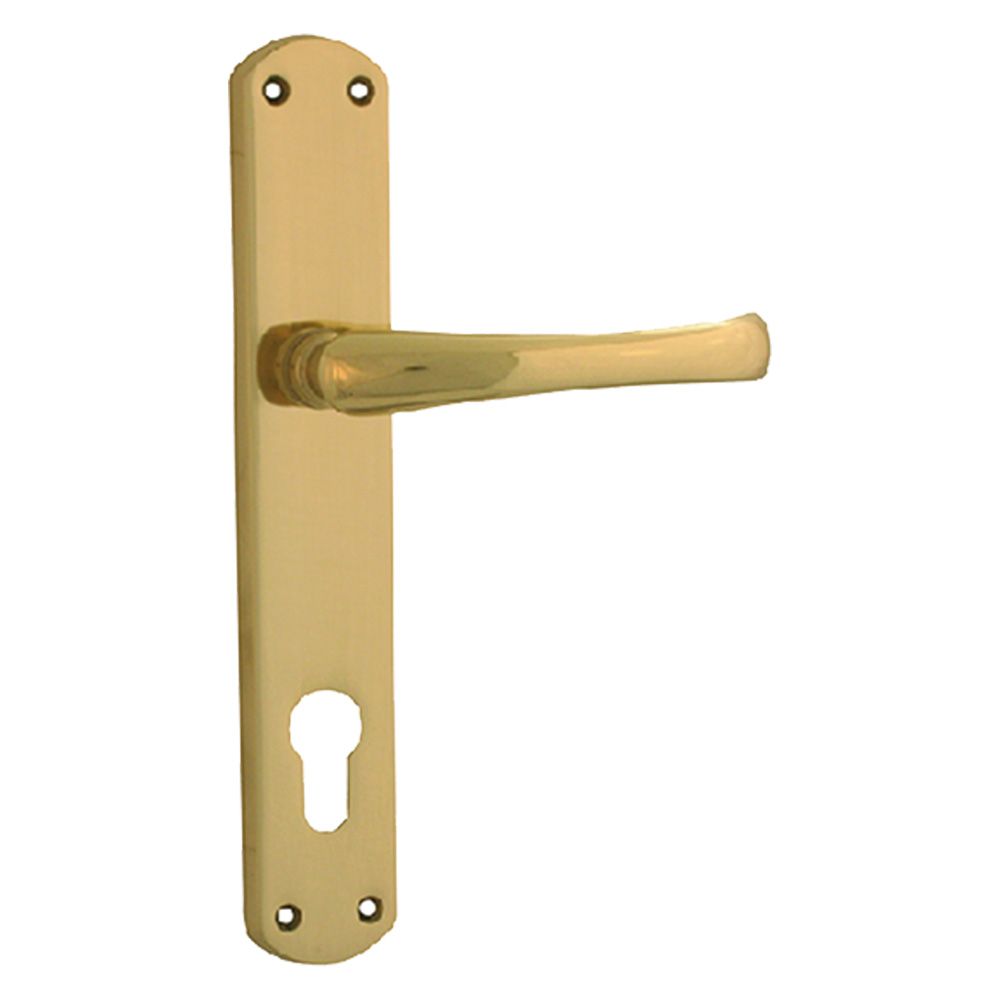 Anteprima Maniglia Capri Forme con placca in ottone lucido, foro Yale e quadro 8 mm